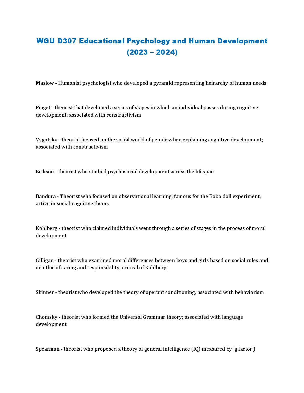 WGU D307 Educational Psychology Study Guide 2023-2024