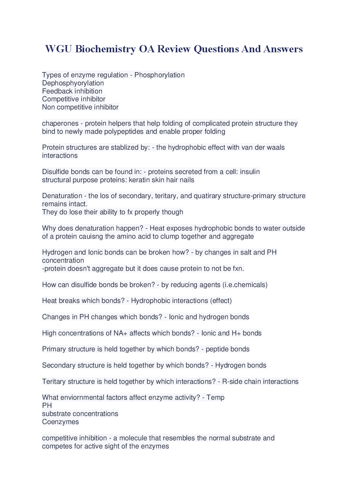 WGU Biochemistry OA Review Questions and Answers 2024/2025