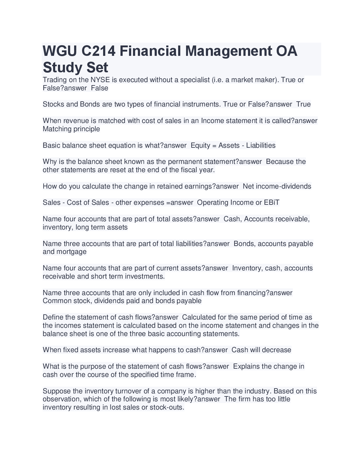 WGU C214 Financial Management OA Study Set 2023/2024