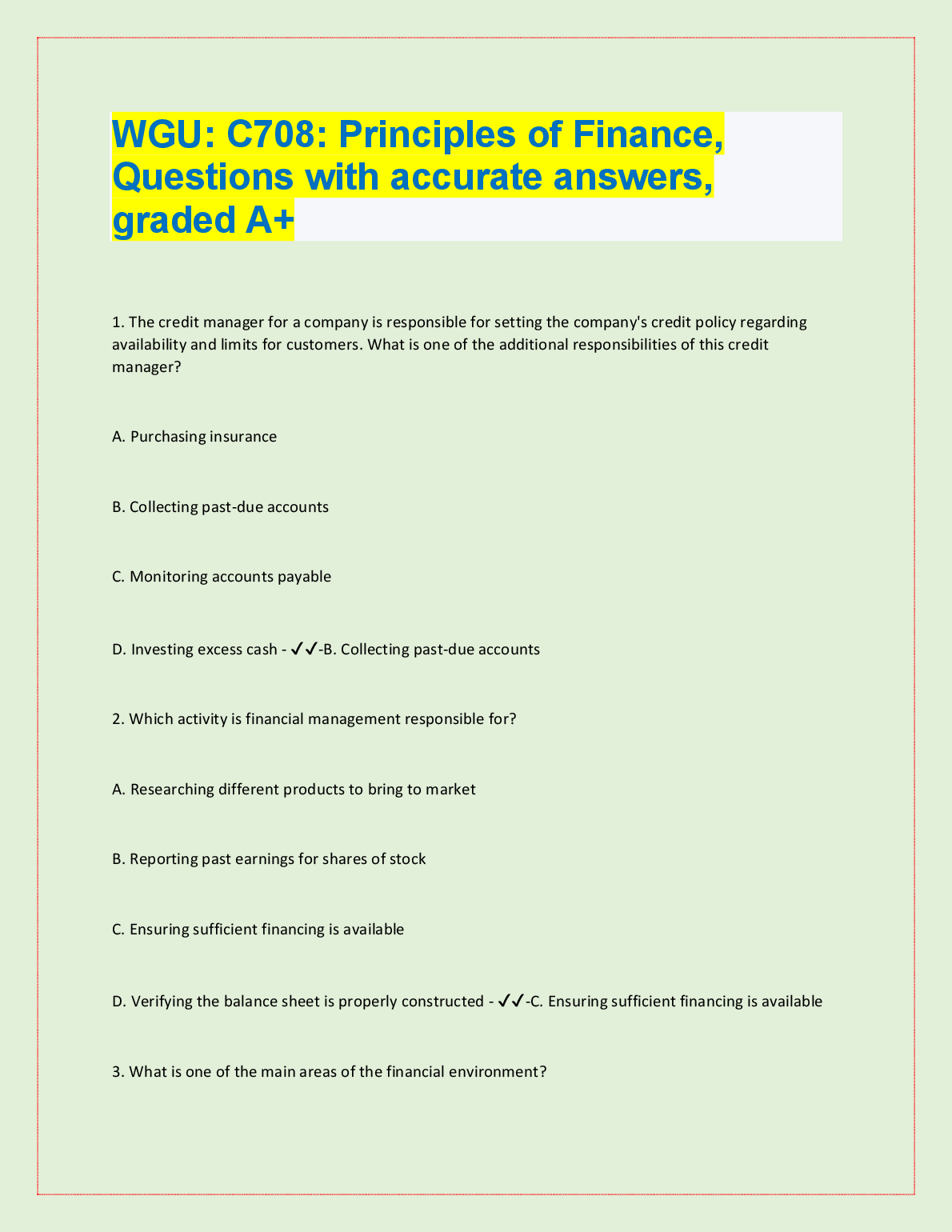 WGU C708 Principles of Finance Qs & Answers