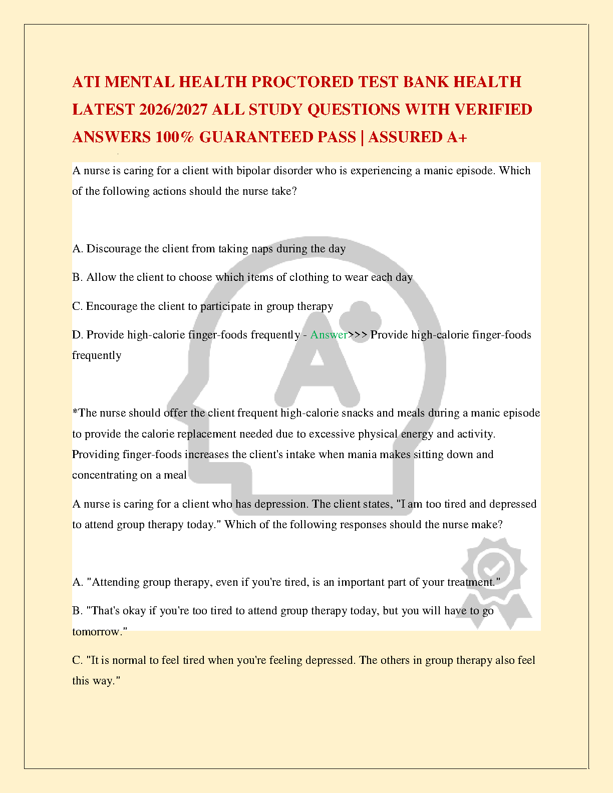 ATI Mental Health Nursing Test Bank 2026-2027 Verified Answers