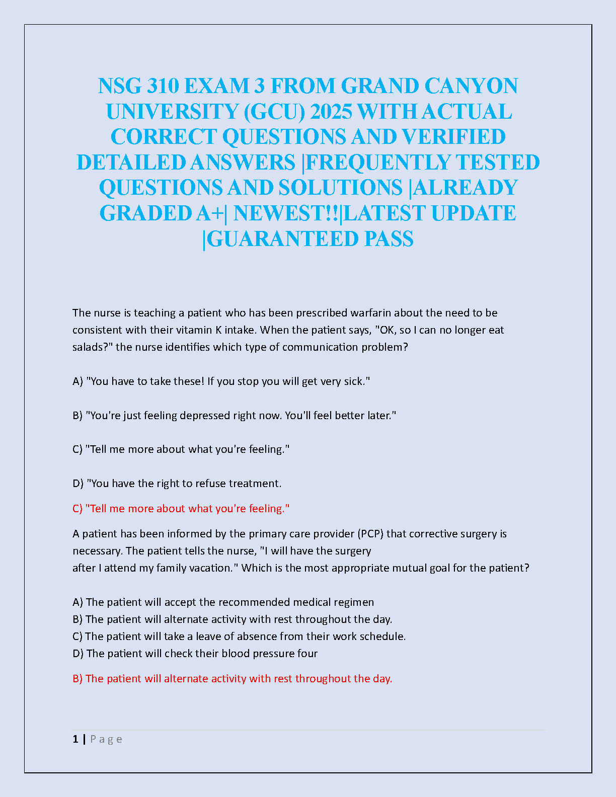 NSG 310 Exam 3 GCU Test Bank 2026/27 | Nursing Study Guide IMG-1