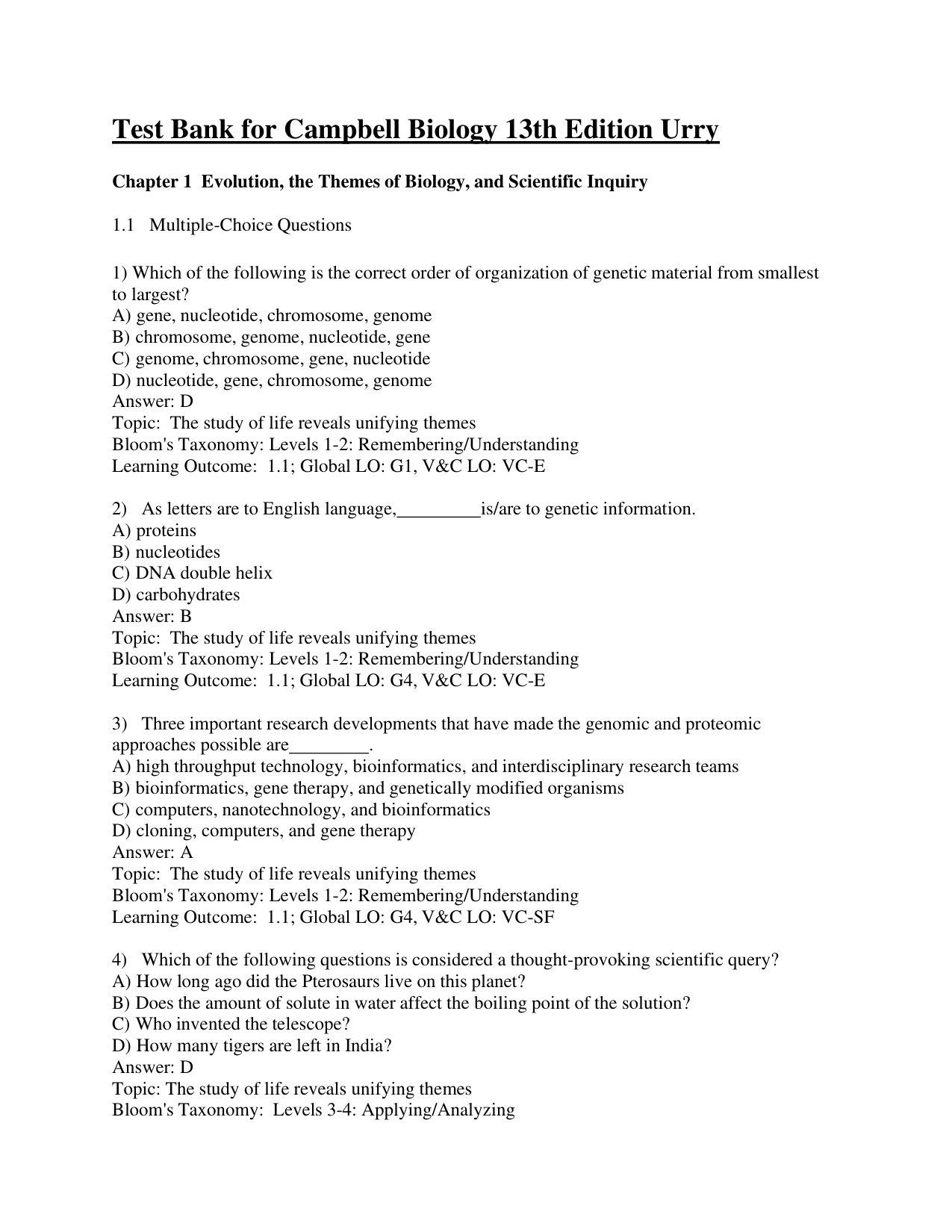 Campbell Biology 13th Edition TEST BANK