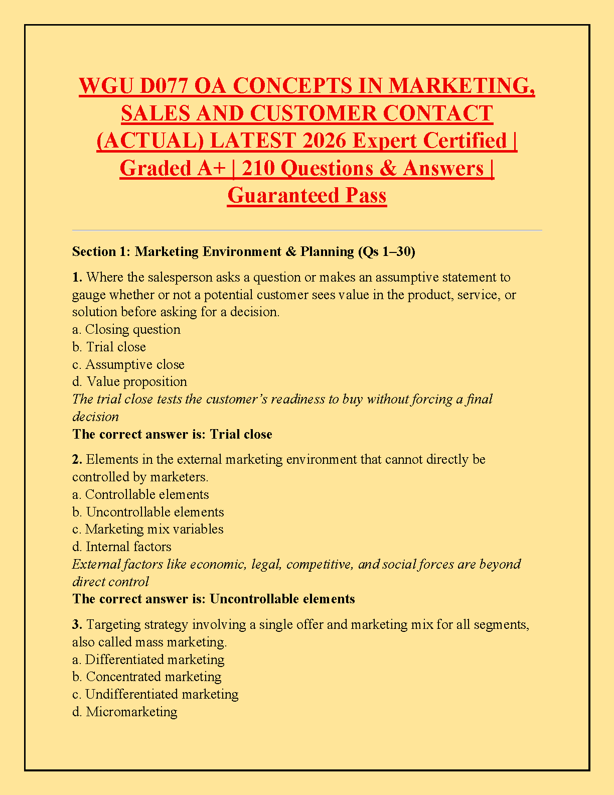 WGU D077 OA Marketing Sales Study Guide 210 Q&A