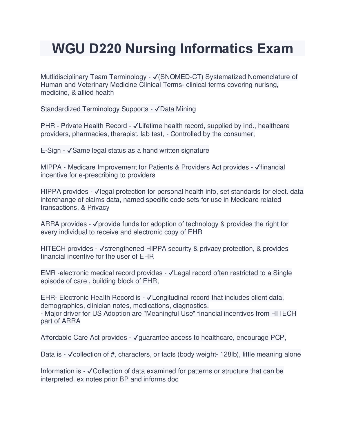 WGU D220 Nursing Informatics Exam Questions Answers A+ Grade