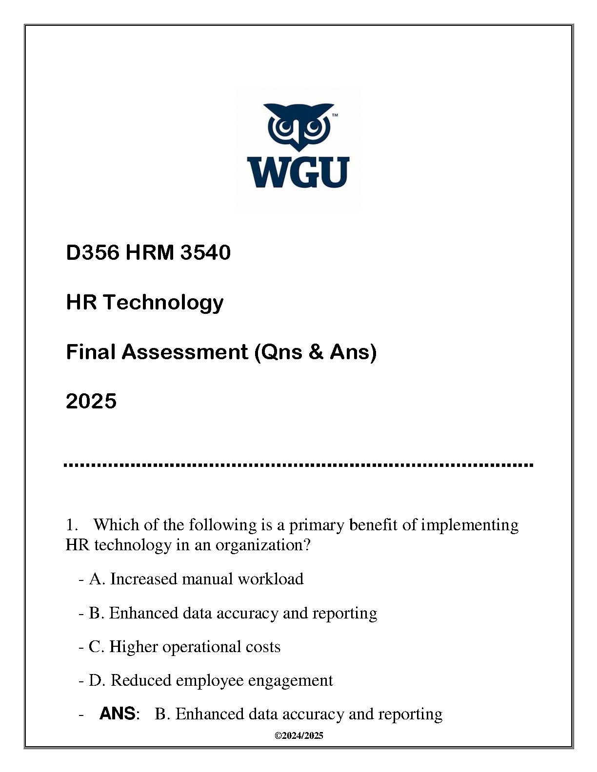WGU HRM 3540 HR Tech Final Q&A 2025 Study Guide