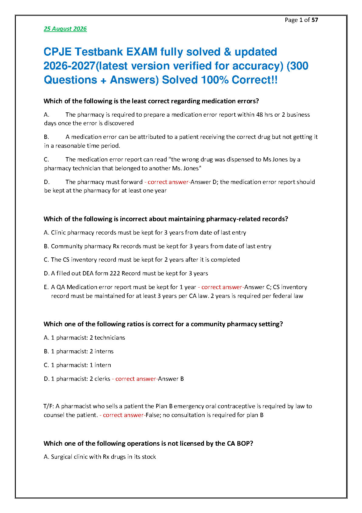 CPJE Test Bank 2026 - 300 Solved Pharmacy Law Qs IMG-1