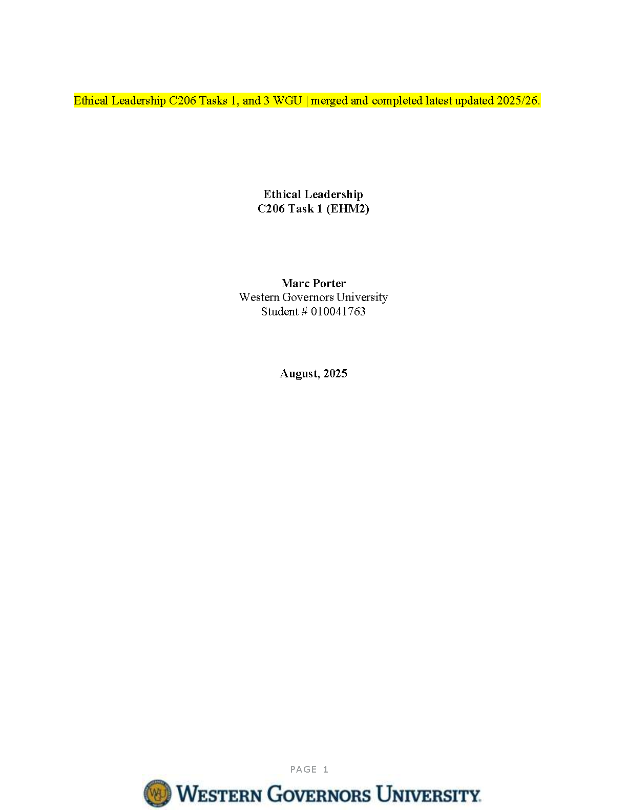 C206 Ethical Leadership Task 1 & 3 Guide WGU 2025 IMG-1