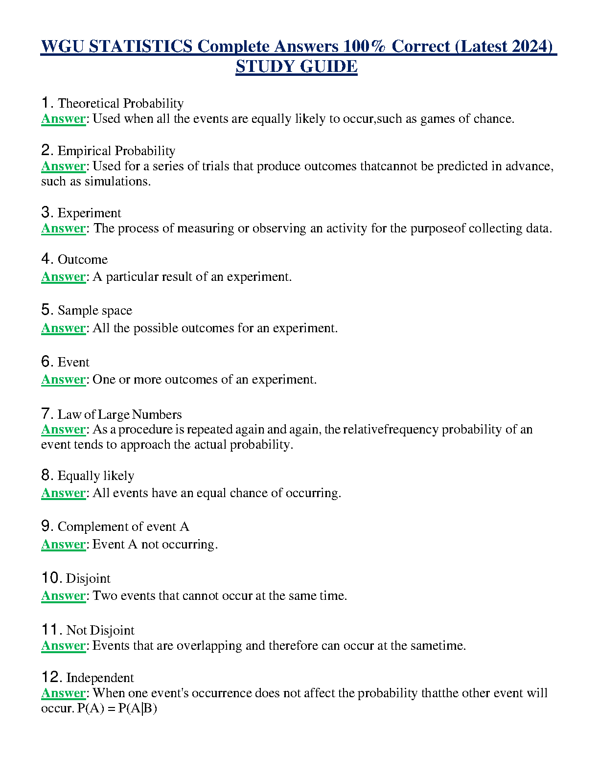 WGU Statistics Answer Key 2024 Study Guide & Notes