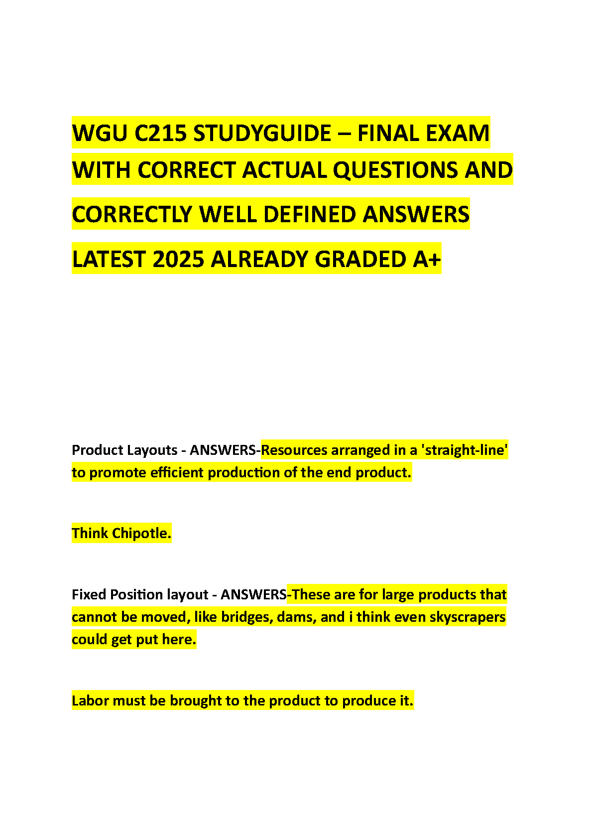 WGU C215 Ops Mgmt Final Exam Study Guide & Test Bank 2025