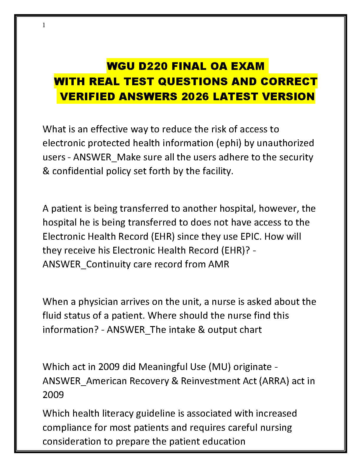 WGU D220 ITN Nursing Exam Test Bank 2026
