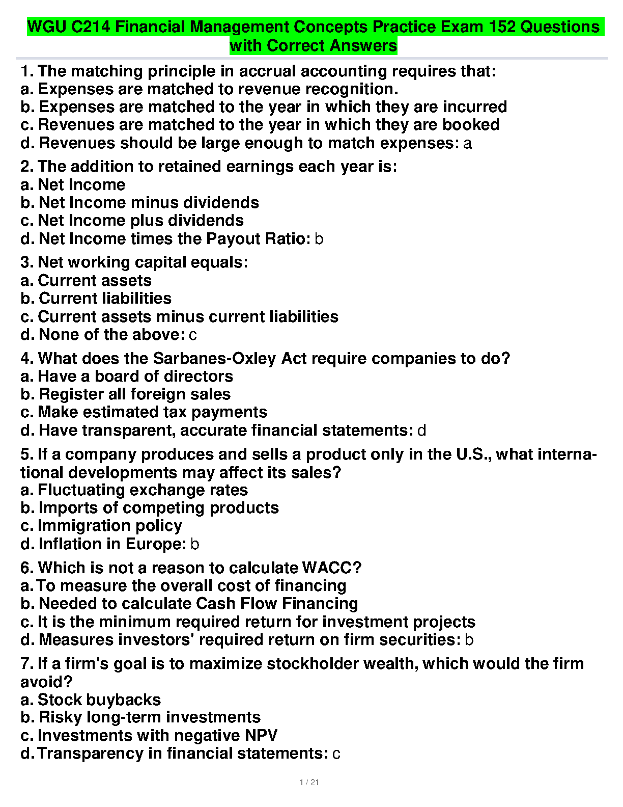 WGU C214 Finance Practice Test and Answers (2025)