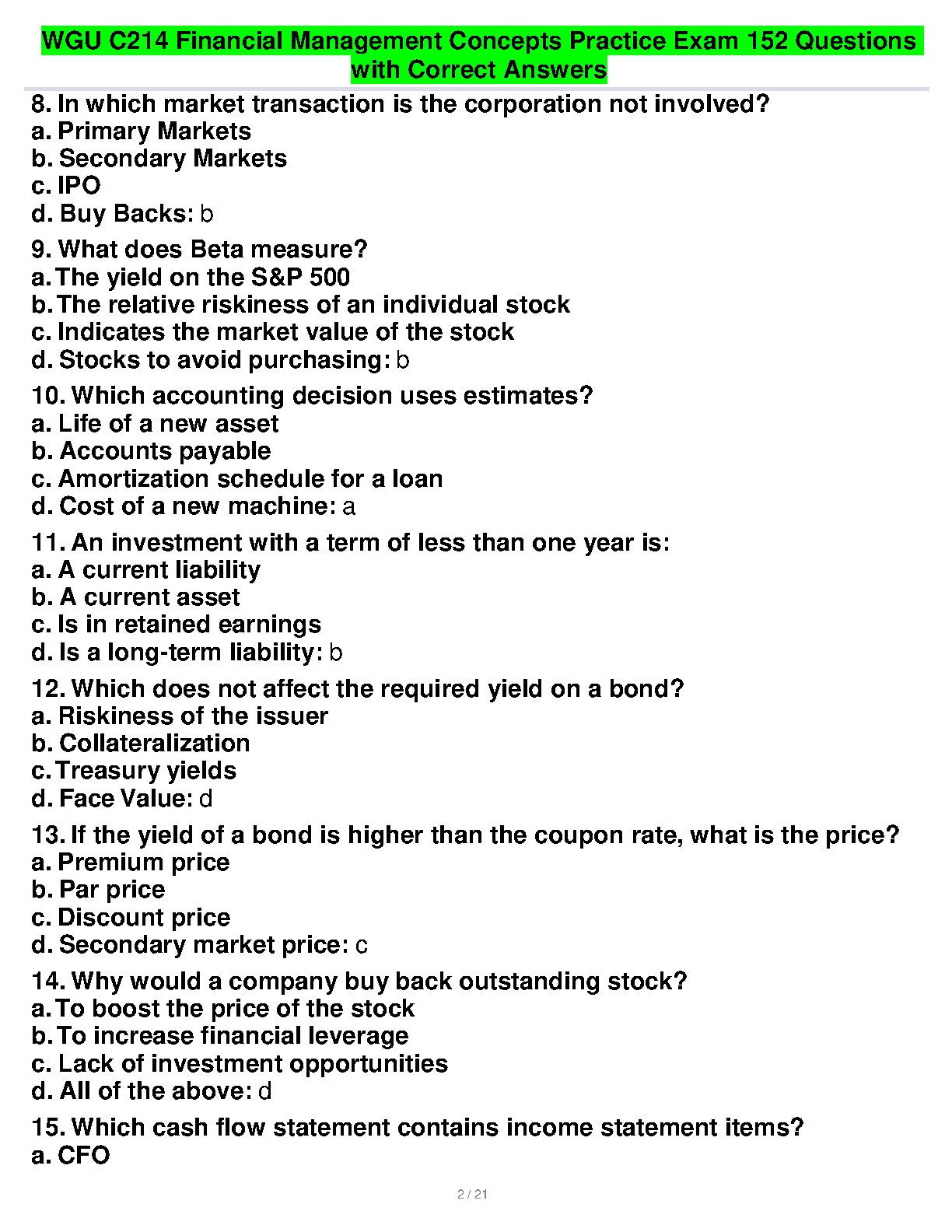 WGU C214 Finance Practice Test and Answers (2025)