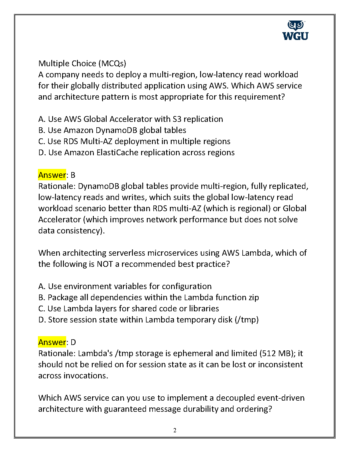 WGU D319 AWS Cloud Architecture Exam Prep Guide 2025/2026