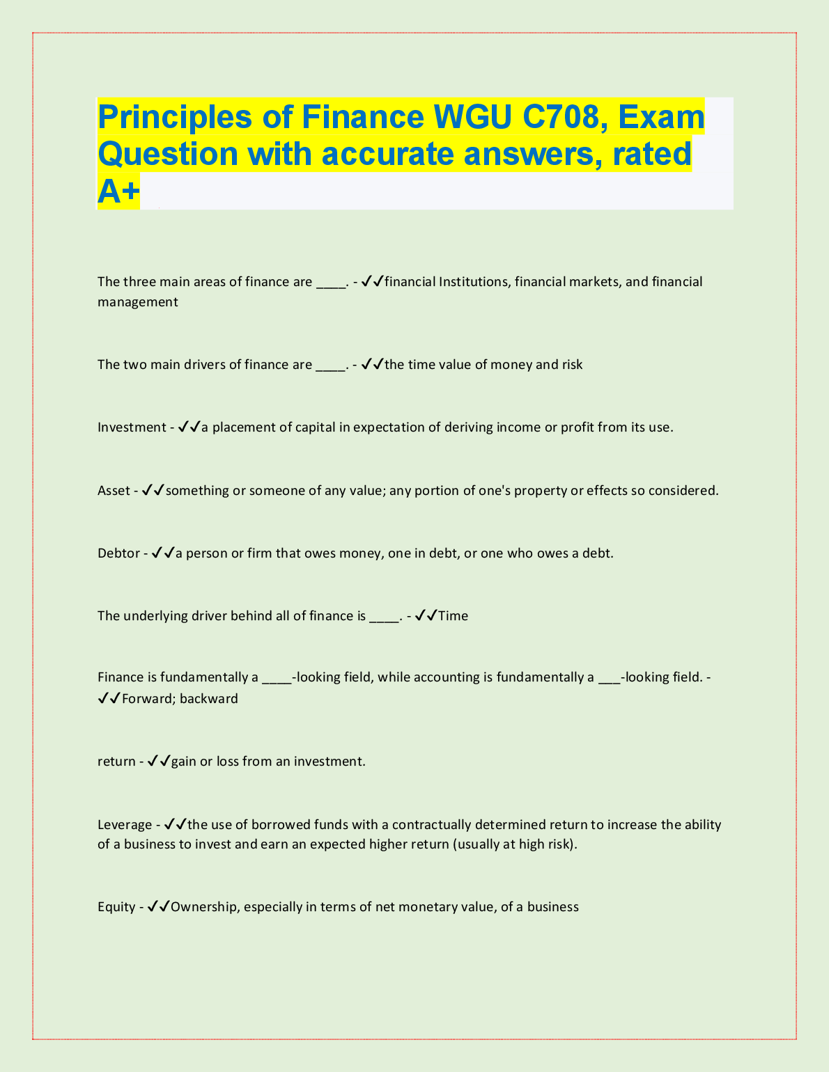 WGU C701 Principles of Finance Exam Guide 2024 A+ Rated
