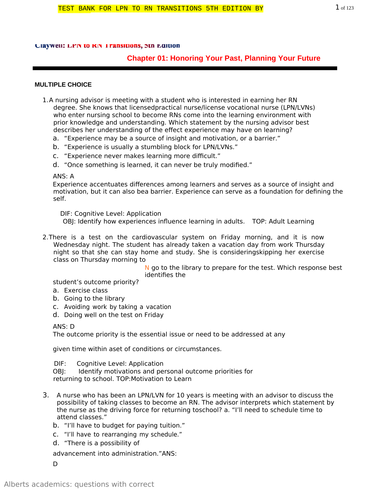 LPN To RN Transitions, 5th Edition Test Bank