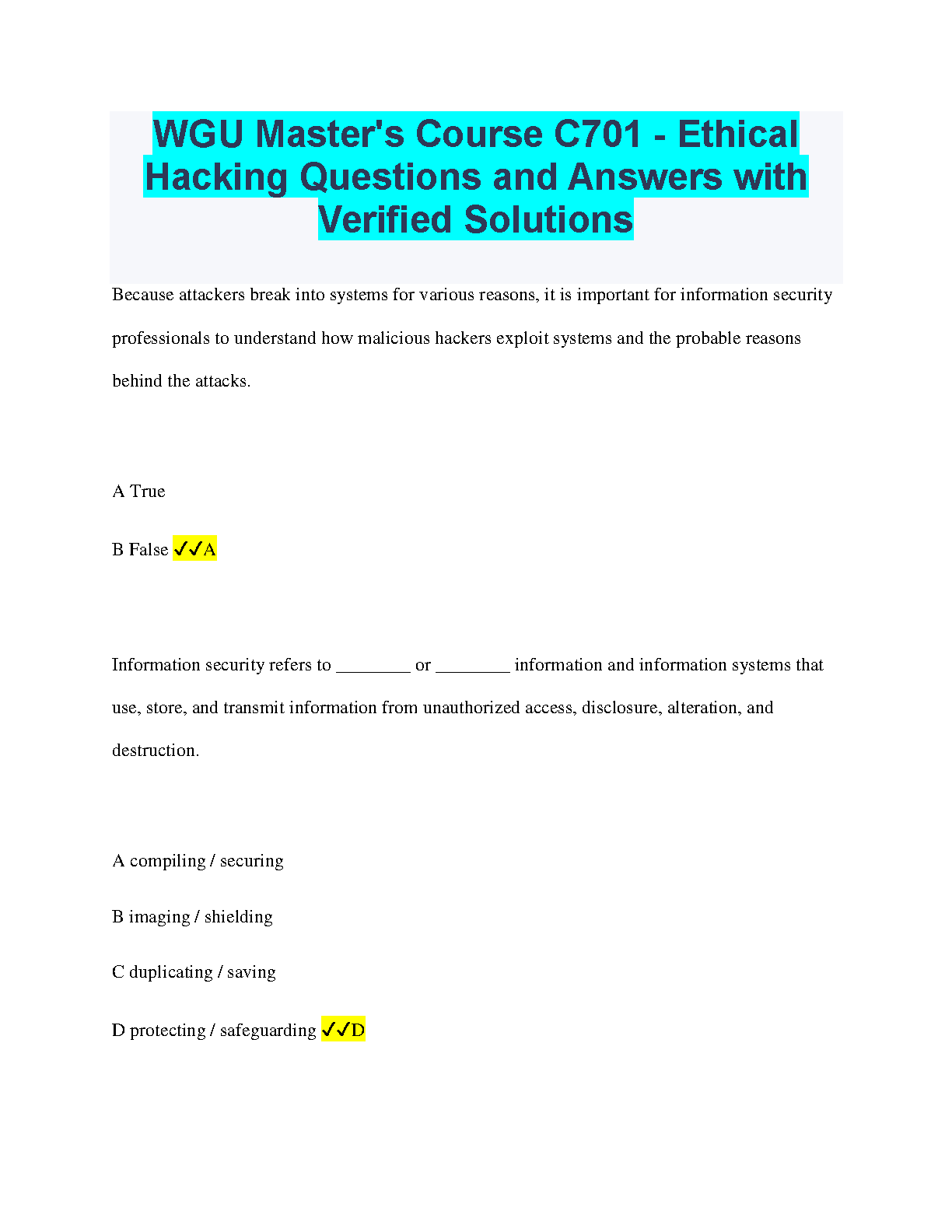 WGU C701 Ethical Hacking Q&A with Verified Solutions 2024/2025