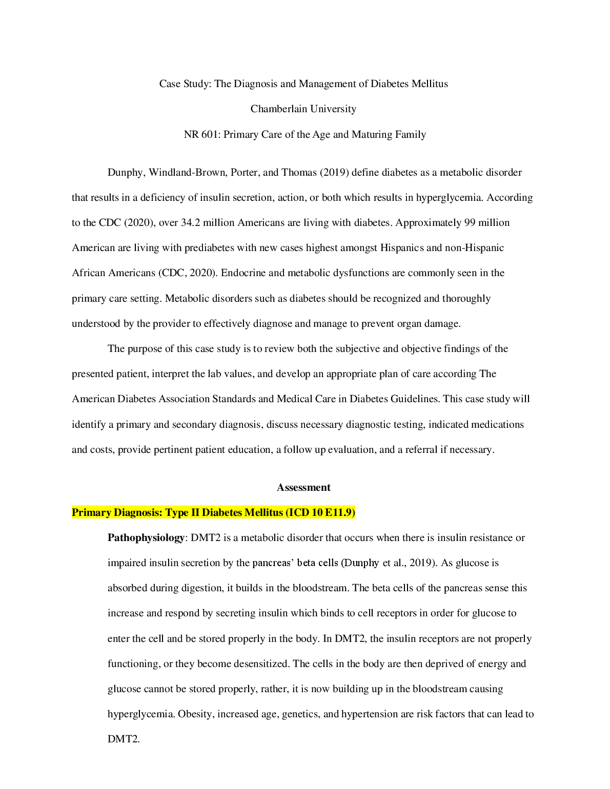 NR 601 Primary Care Diabetes Case Study