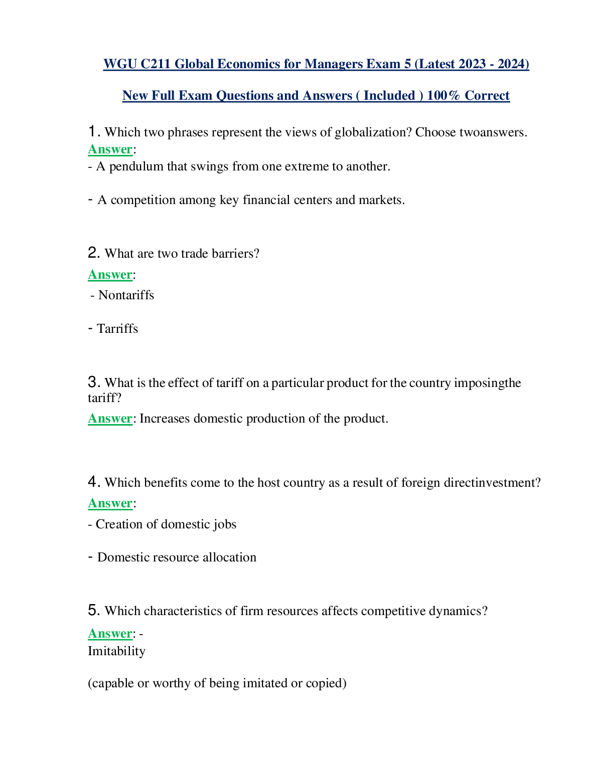 WGU C211 Global Economics Exam 5 Questions and Answers