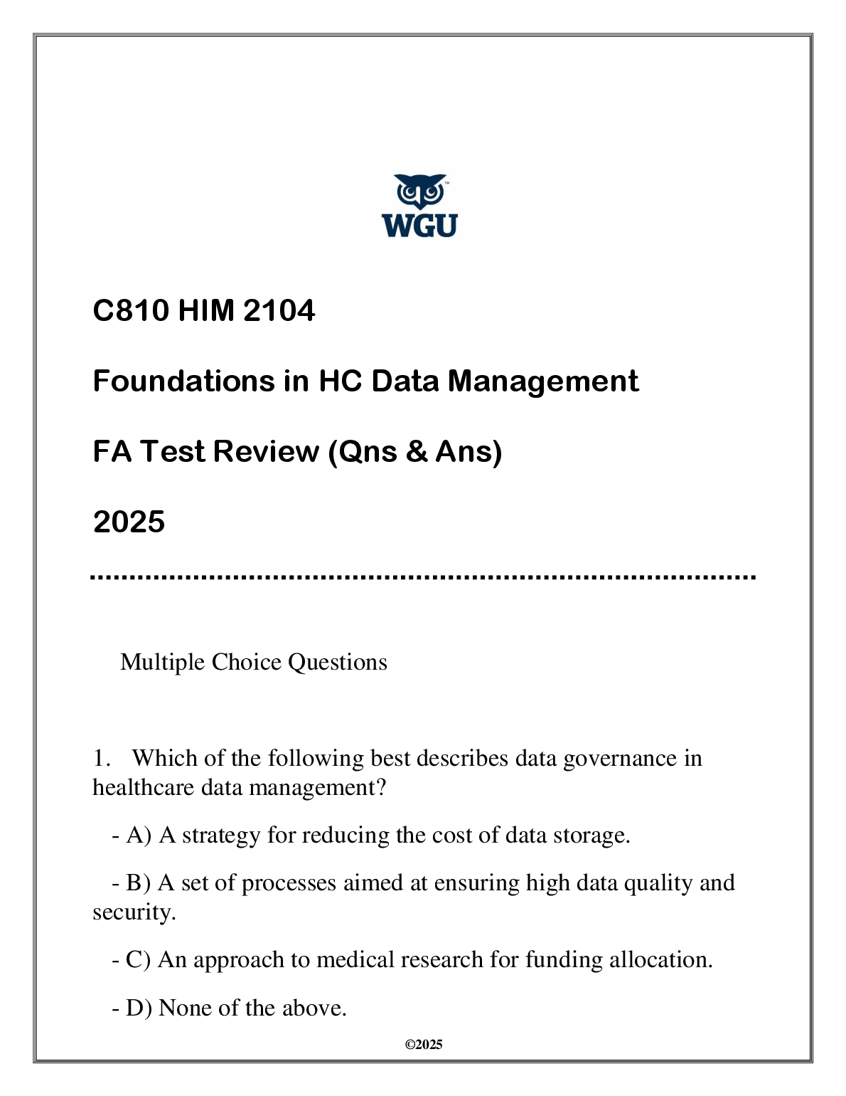 WGU C810 HIM 2104 Found HC Data Mgmt Test Bank 2025