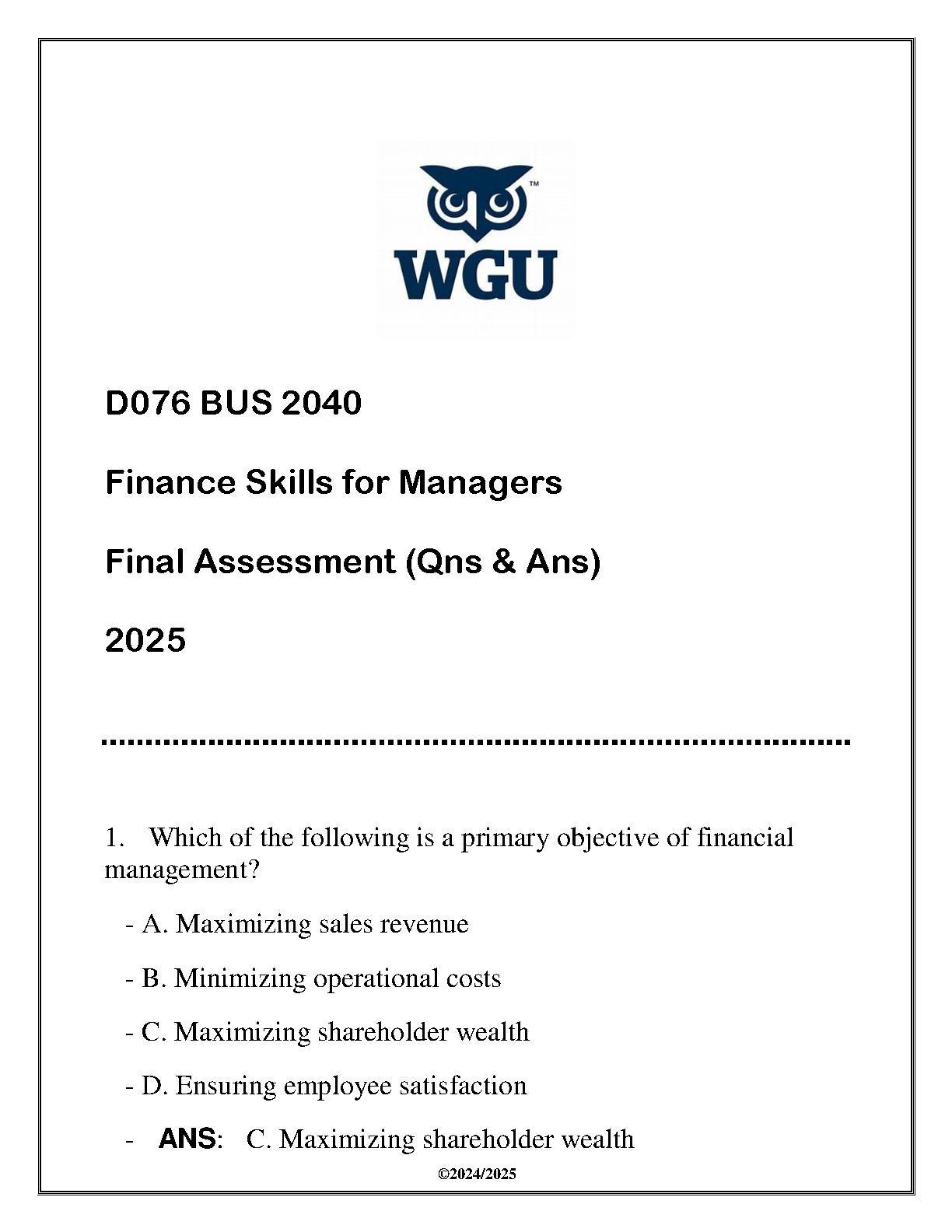 WGU BUS 2040 Finance Final Exam Q&A 2025 Study Guide IMG-1