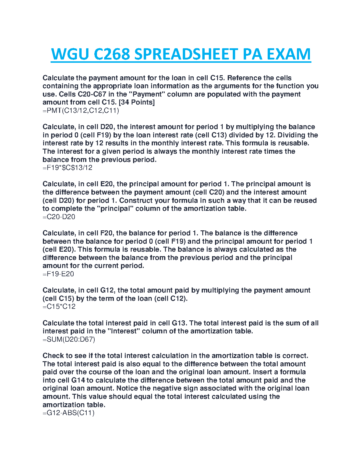 WGU C268 Spreadsheet PA Exam Guide: Excel Formulas & Amortization IMG-1