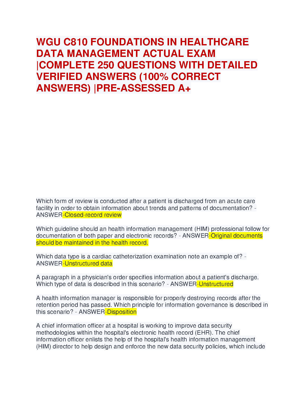 WGU C810 Healthcare Data Mgmt Exam Prep