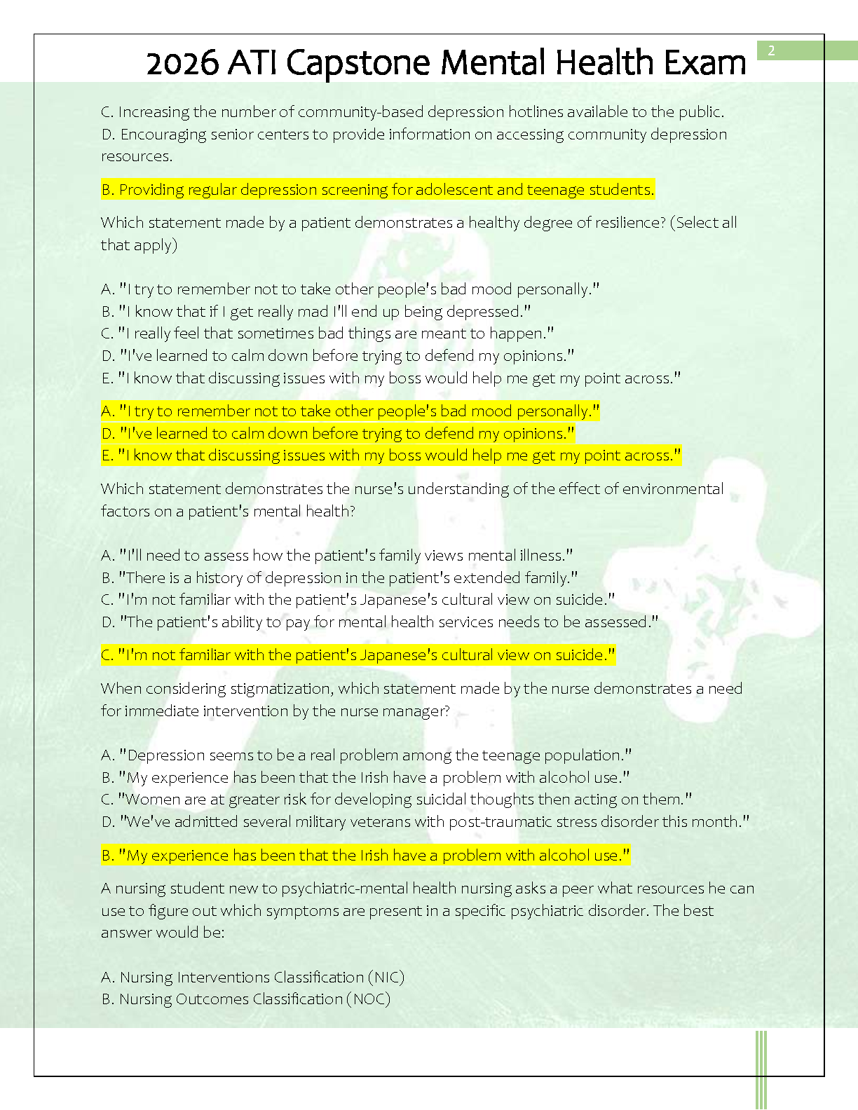 ATI Mental Health Exam 1 2026 Questions and Rationales