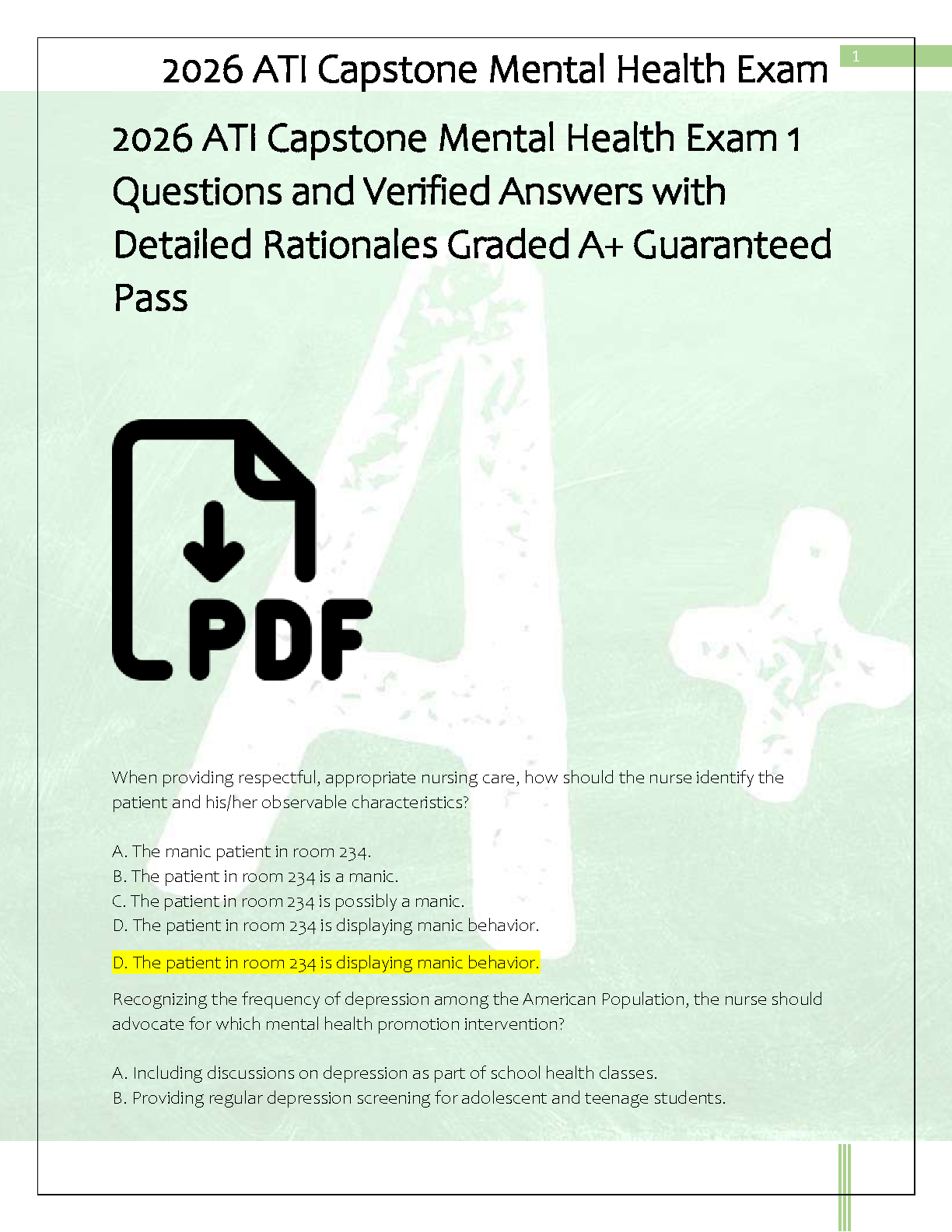 ATI Mental Health Exam 1 2026 Questions and Rationales