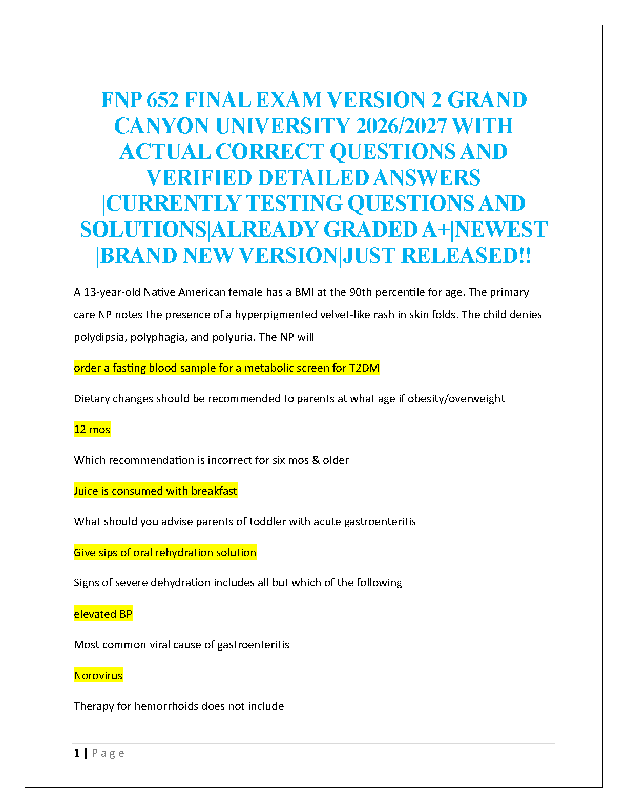 GCU FNP 652 Pediatrics Final Exam Guide 2026/2027
