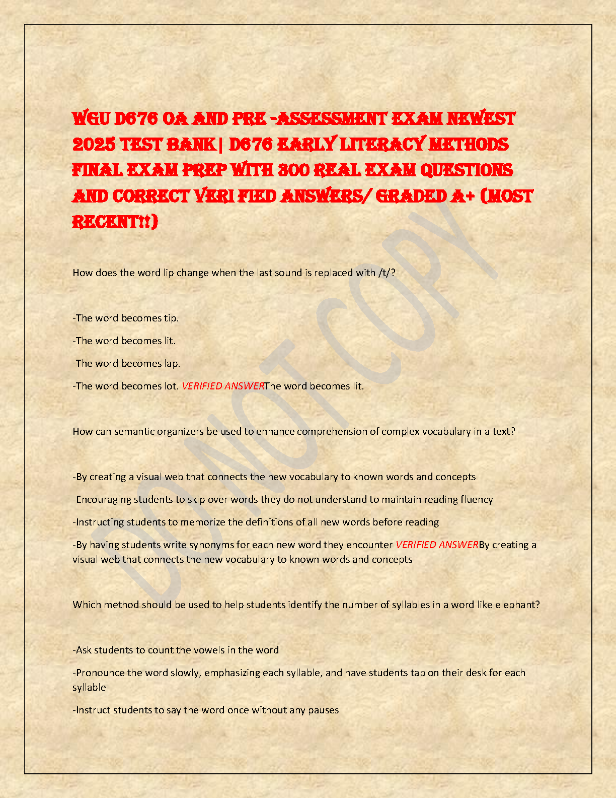 WGU D676 Early Literacy Methods Test Bank 2025: 300 Qs + Answers IMG-1