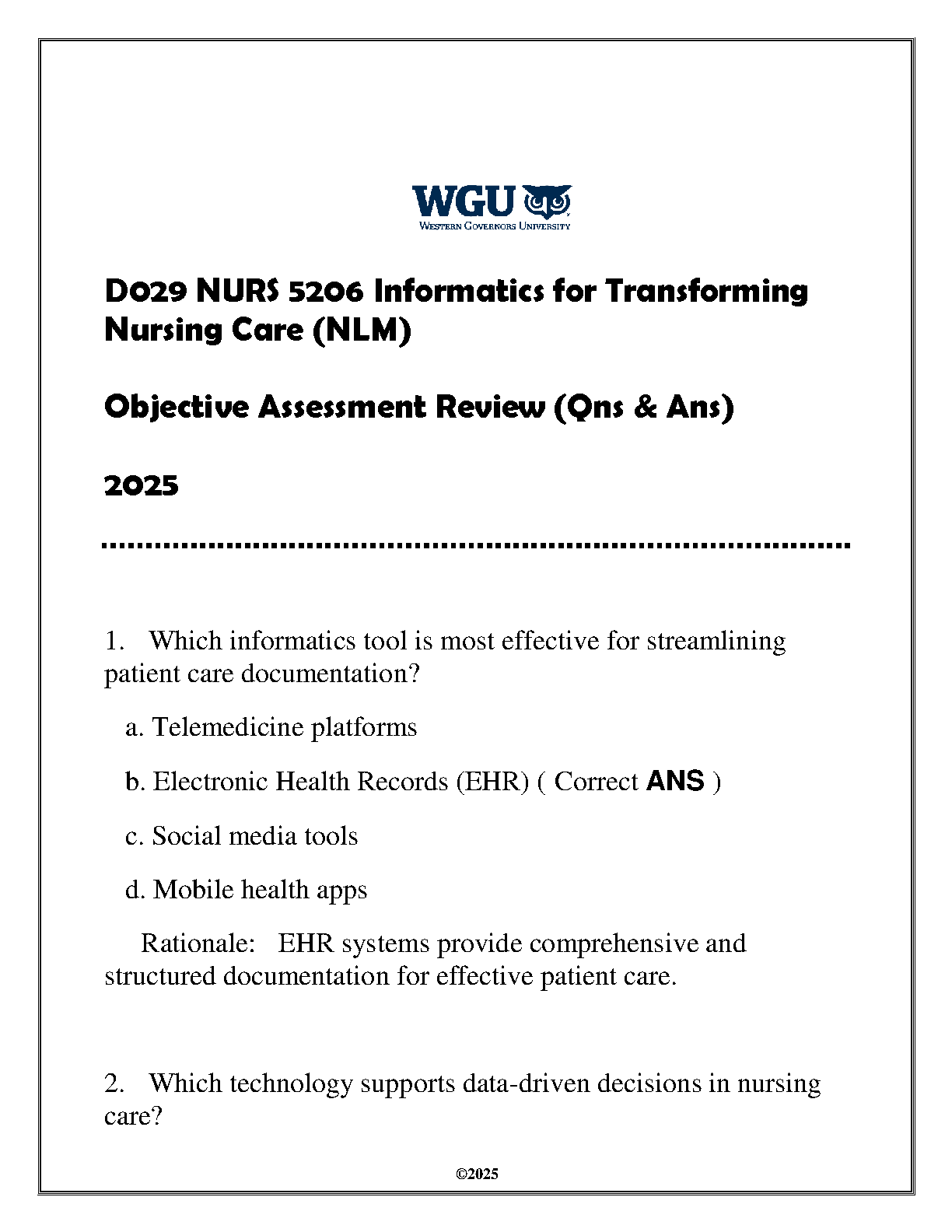 WGU NURS 5206 Informatics Exam Qs A's 2025