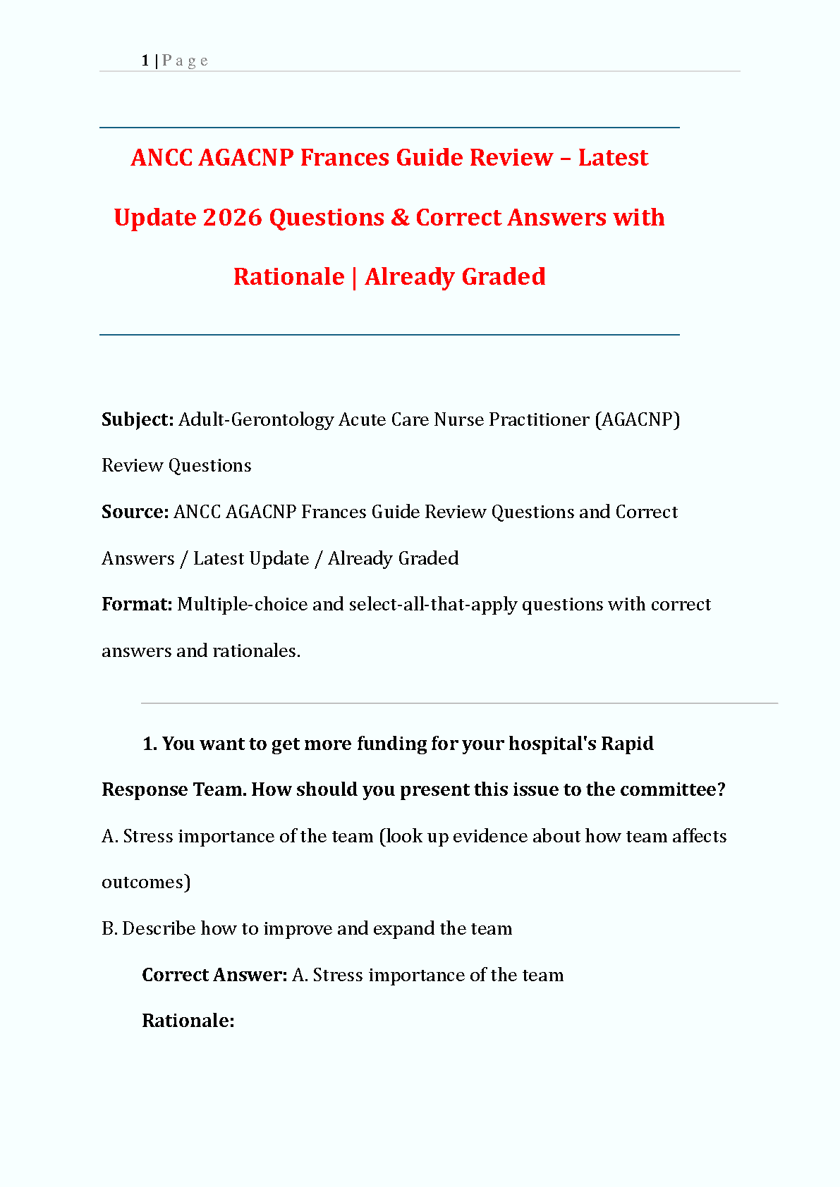 ANCC AGACNP Test Bank 2026: Questions, Answers and Rationales