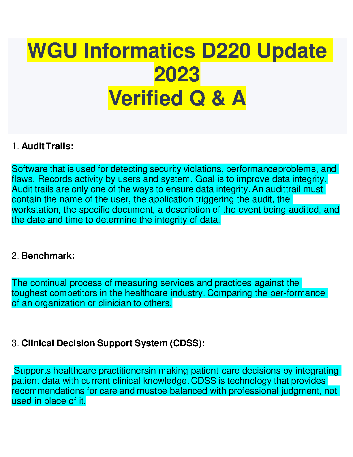 WGU Informatics D220 2023 Verified Q&A and CDSS Study Guide