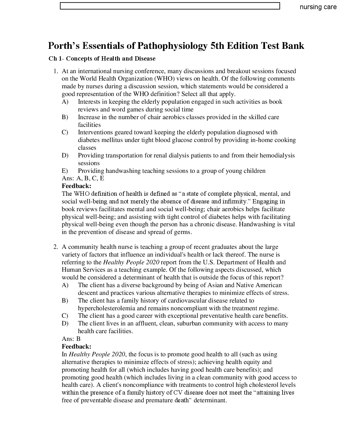 Porth Pathophysiology 5e Test Bank 2026/27