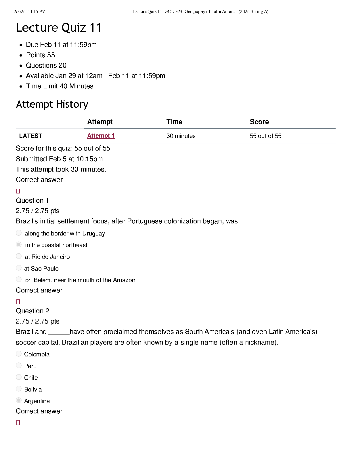 GCU 323 Latin America Quiz 11 Answers 2025/2026