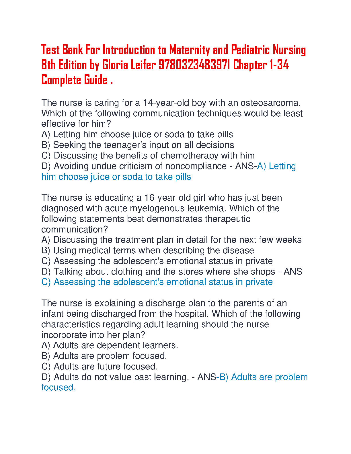 Maternity & Pediatric Nursing Test Bank Leifer 8e (2026) IMG-1