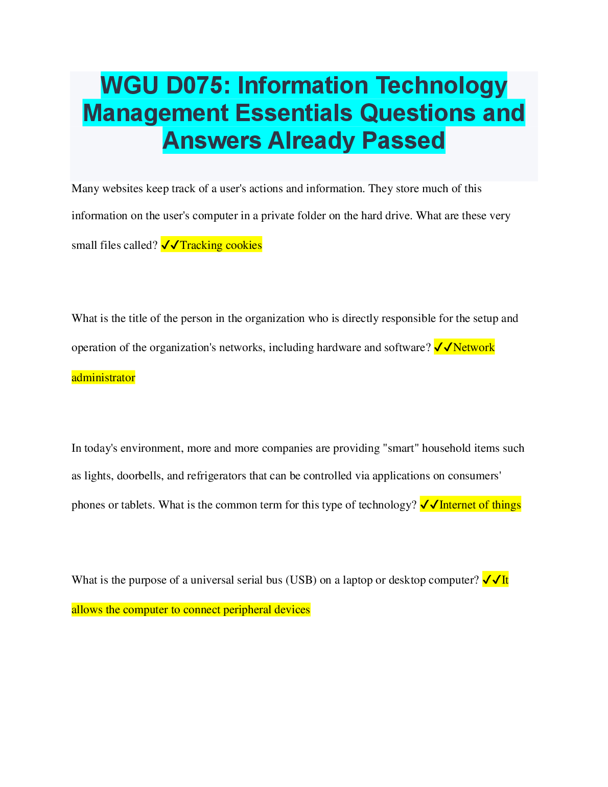 WGU D075 IT Mgmt Essentials Q&A Study Guide