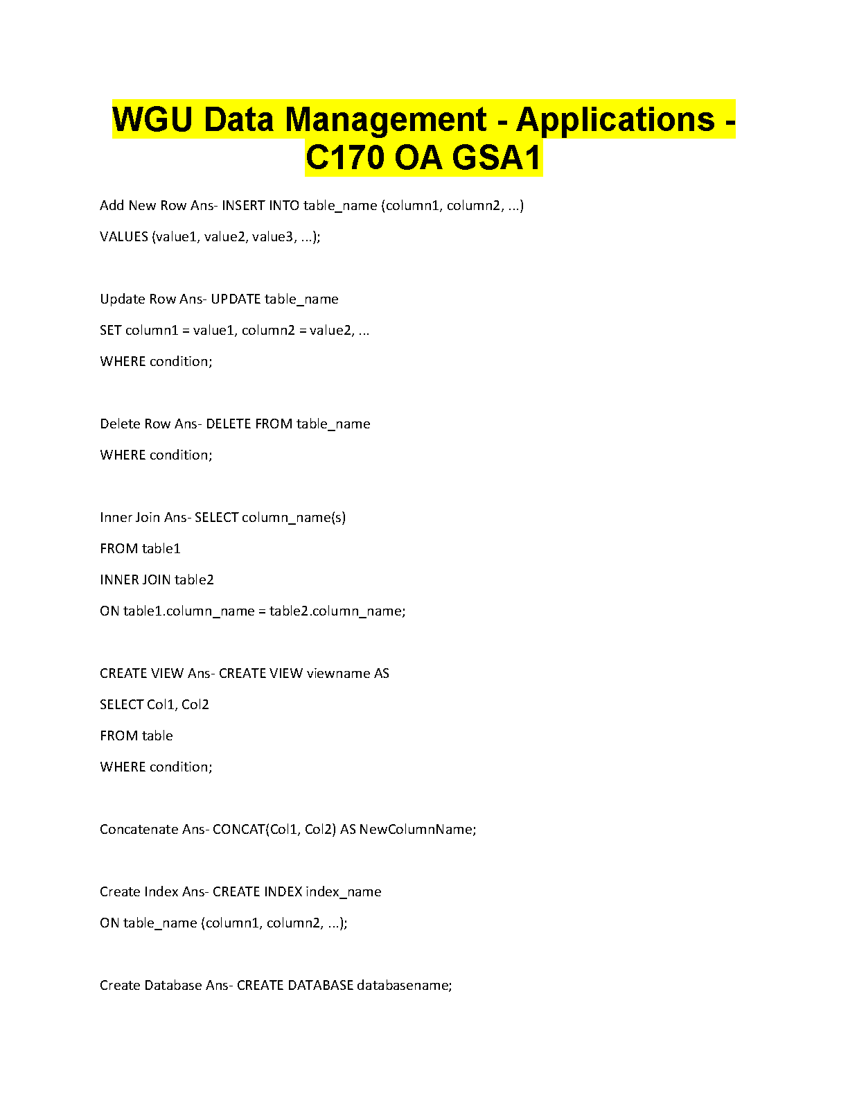 WGU C170 Data Management OA GSA1 Study Guide 2025/2026
