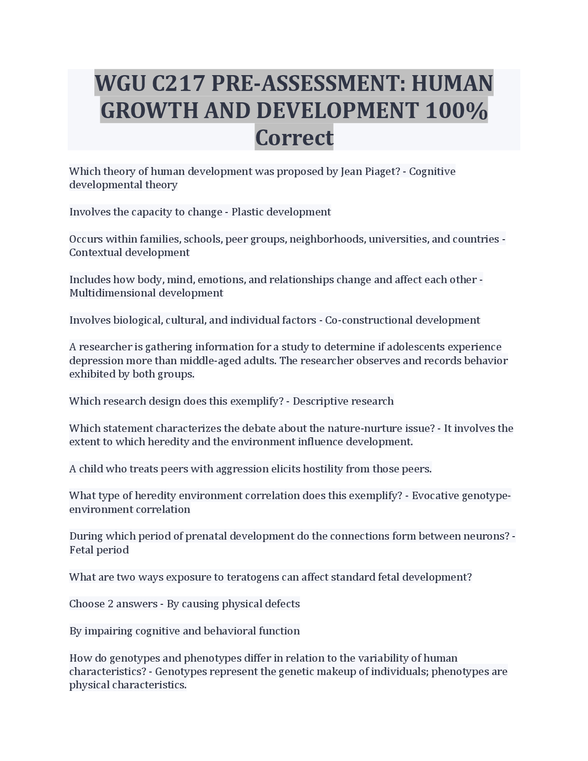 WGU C217 Human Growth and Development Pre Assessment Solutions