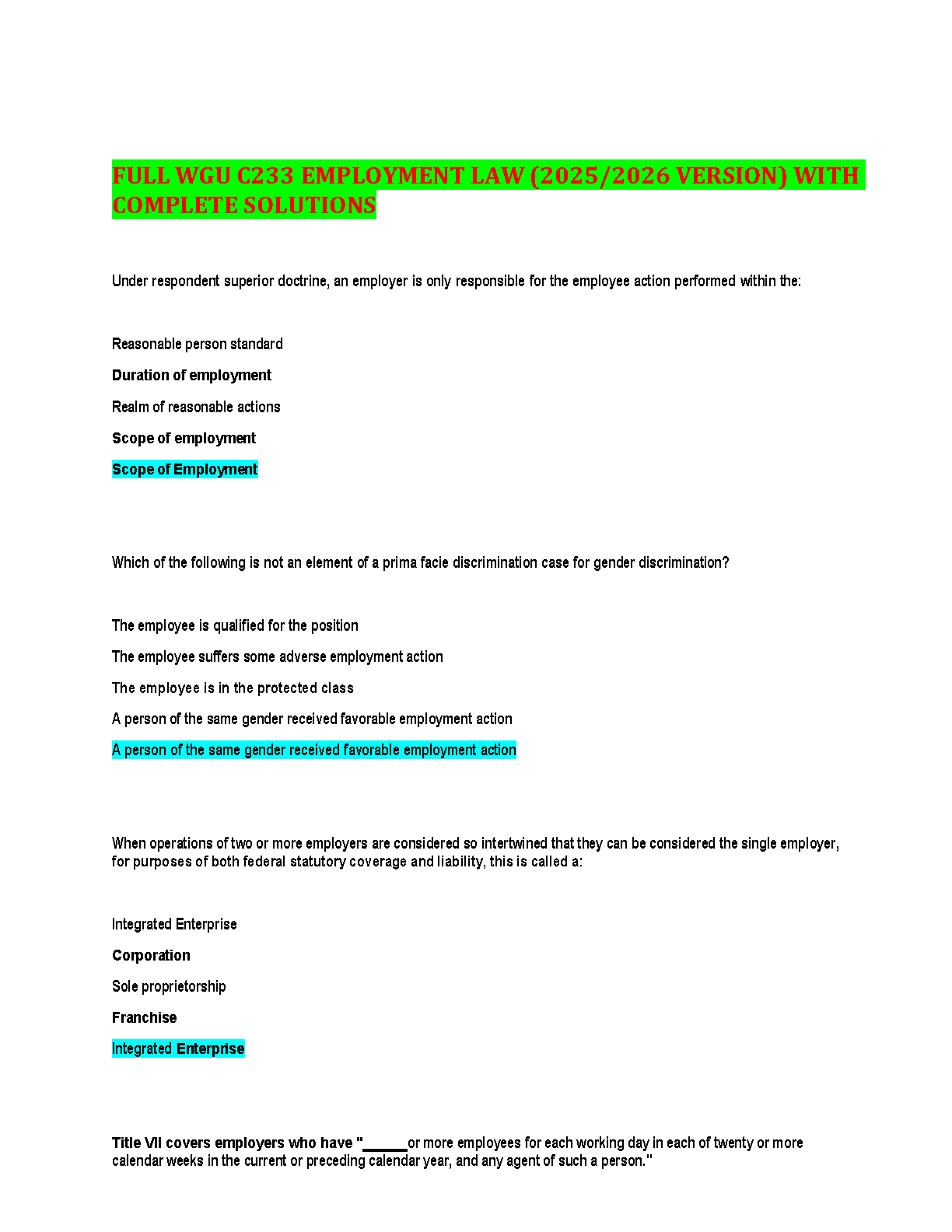 WGU C233 Employment Law 2025/26 Complete Solutions