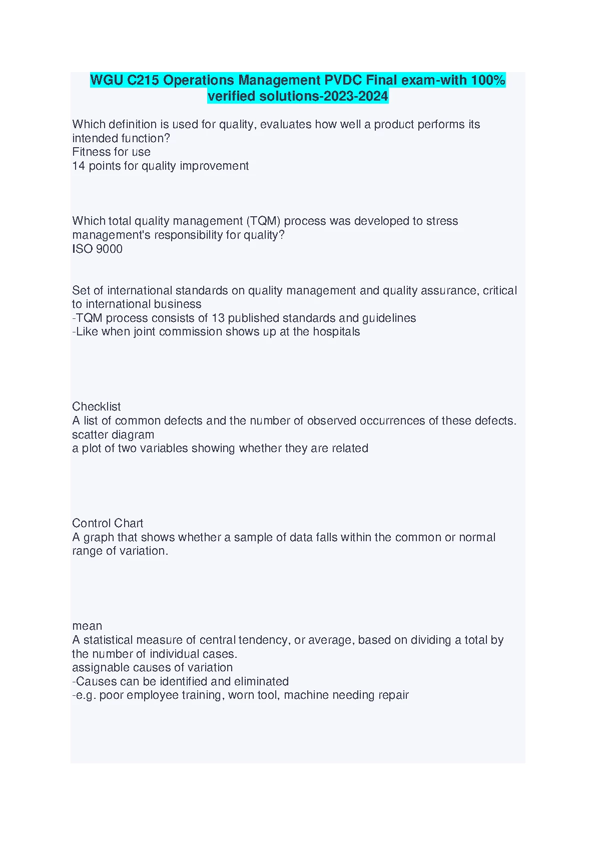 WGU C215 Operations Management Exam Prep and TQM Notes