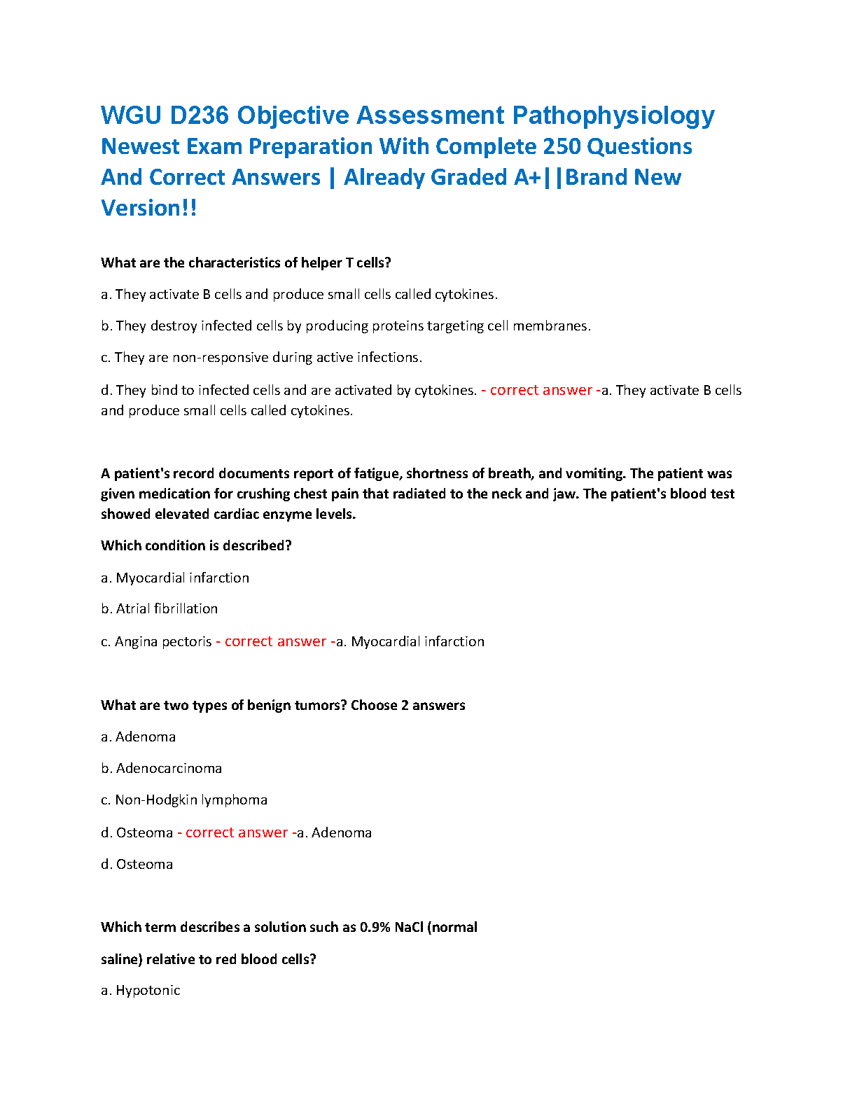 WGU D236 Pathophysiology Exam Prep 250 Q&A 2026/27