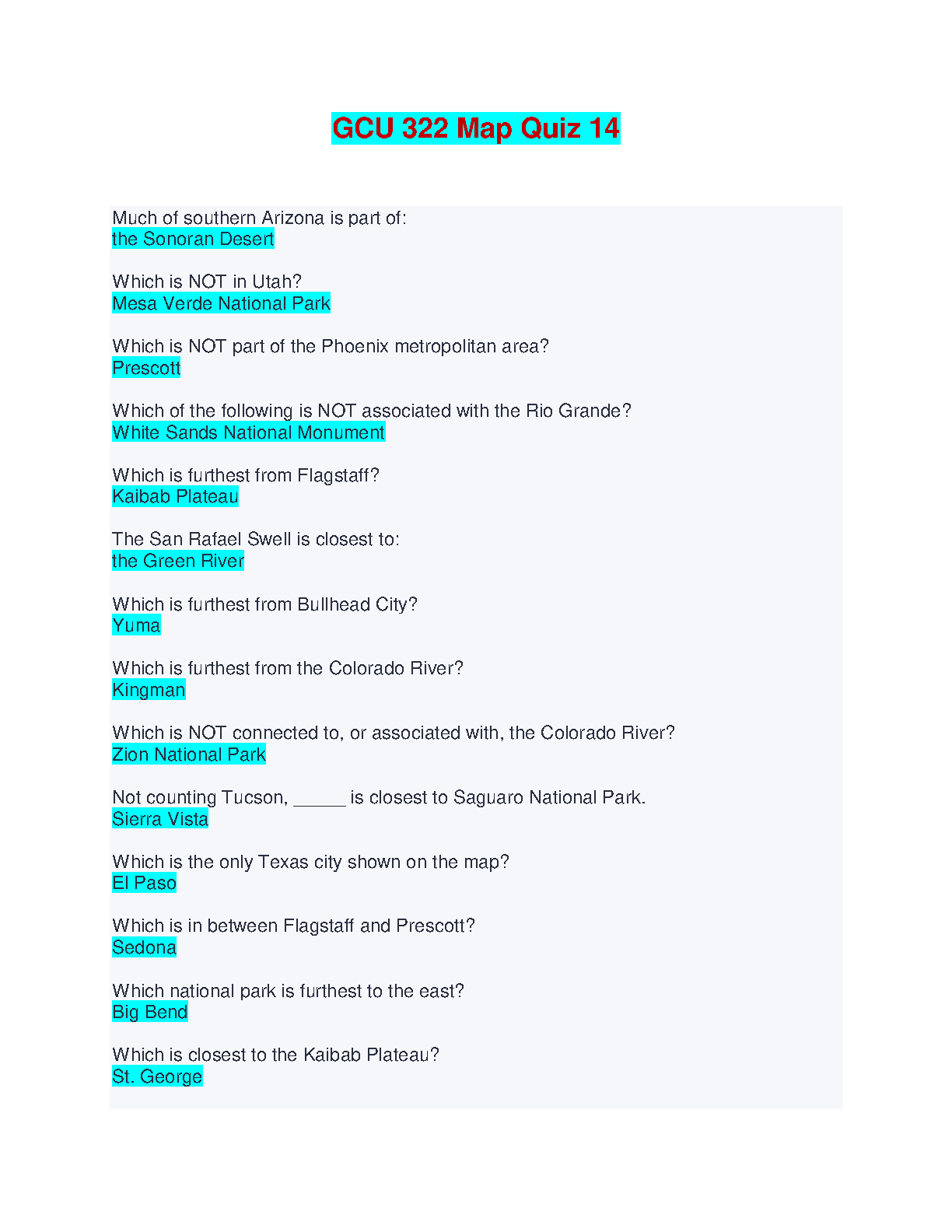 GCU 322 Map Quiz 14 Study Guide 2026/27: Southwest US IMG-1
