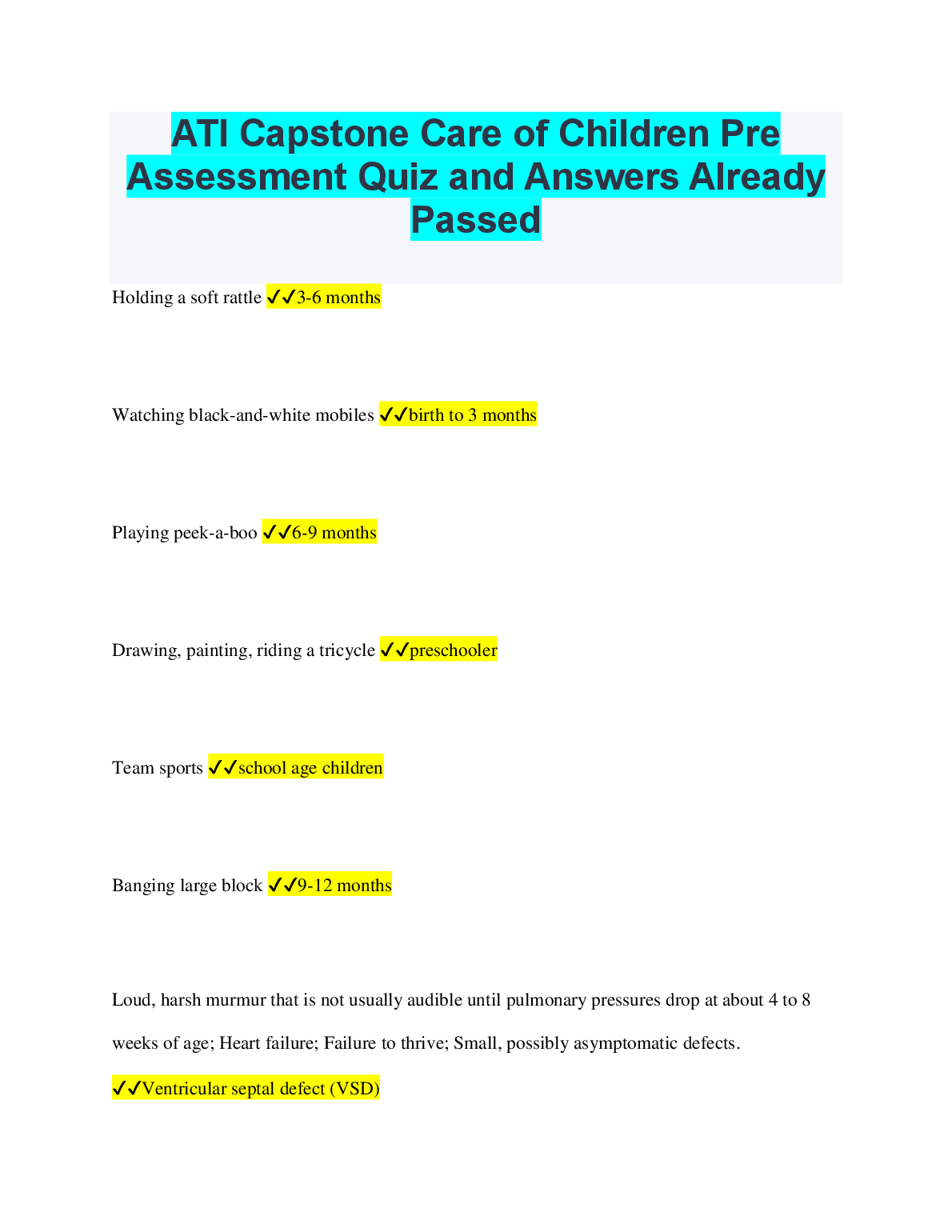 ATI Capstone Pediatrics Pre-Test Questions & Answers 2026/27