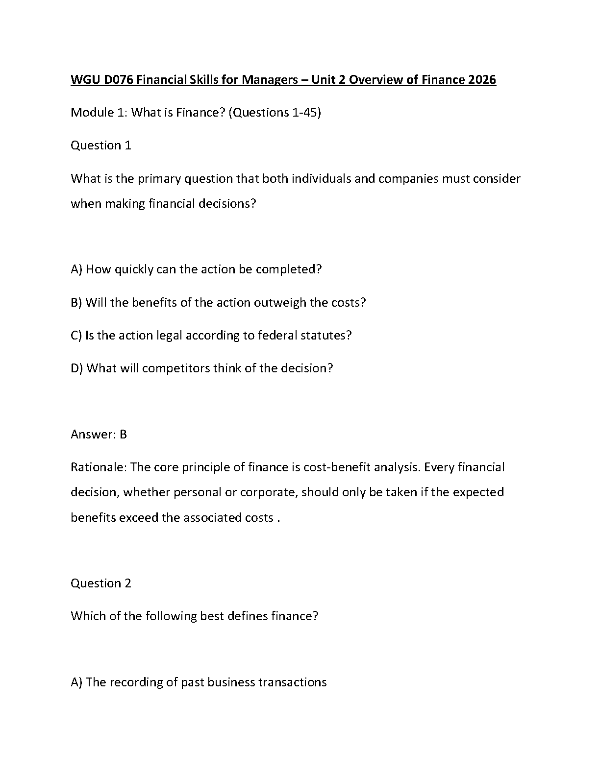 WGU D076 Unit 2 Finance Exam Qs A 2026