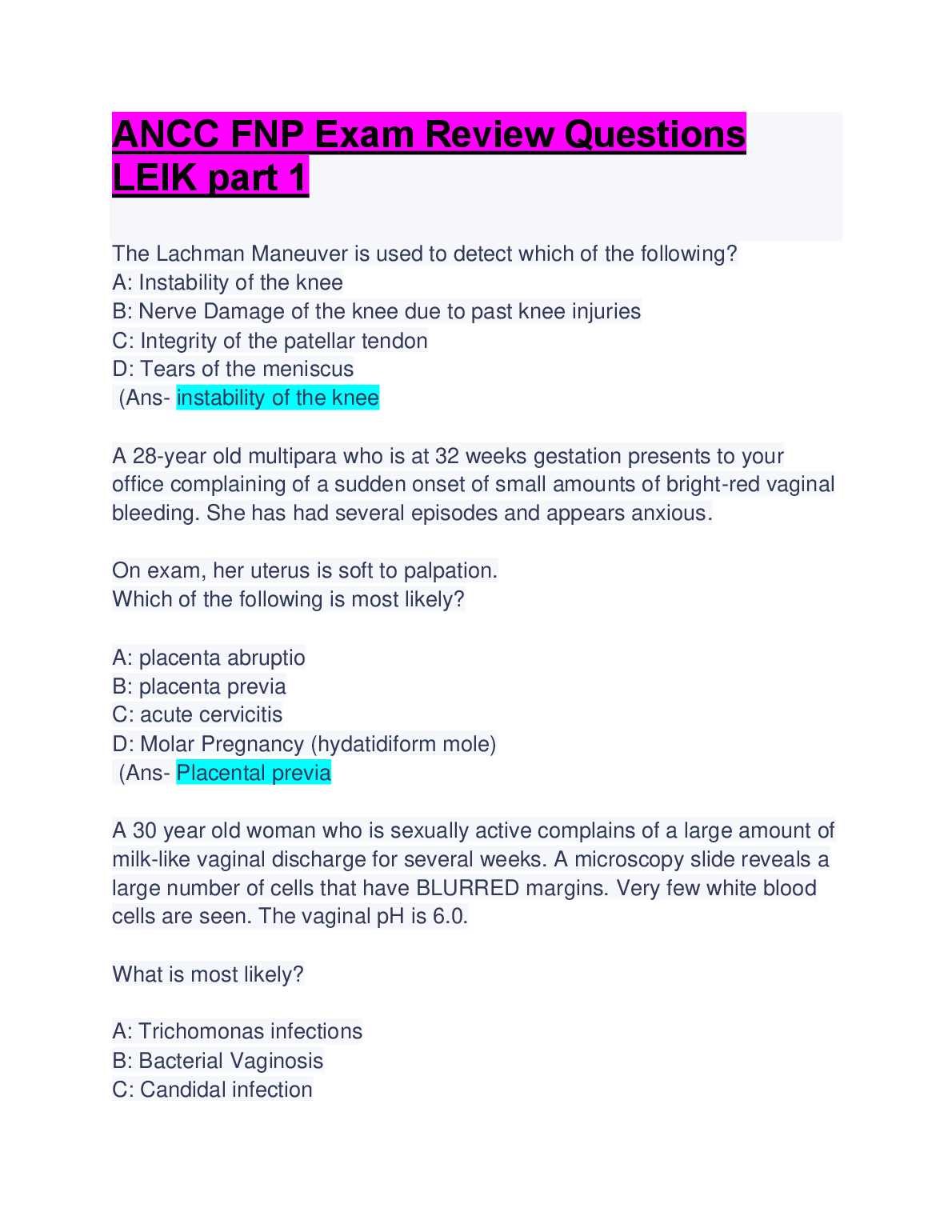 LEIK ANCC FNP Practice Questions 2026/27 Study Guide