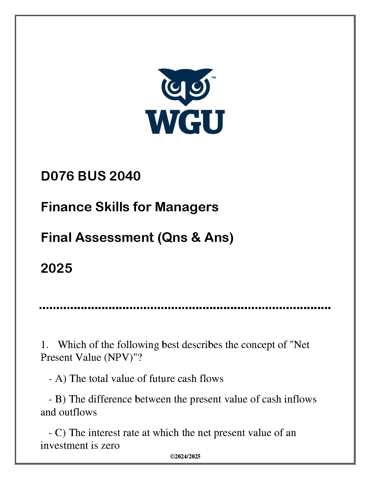 WGU BUS 2040 Finance Skills Exam Q&A 2025