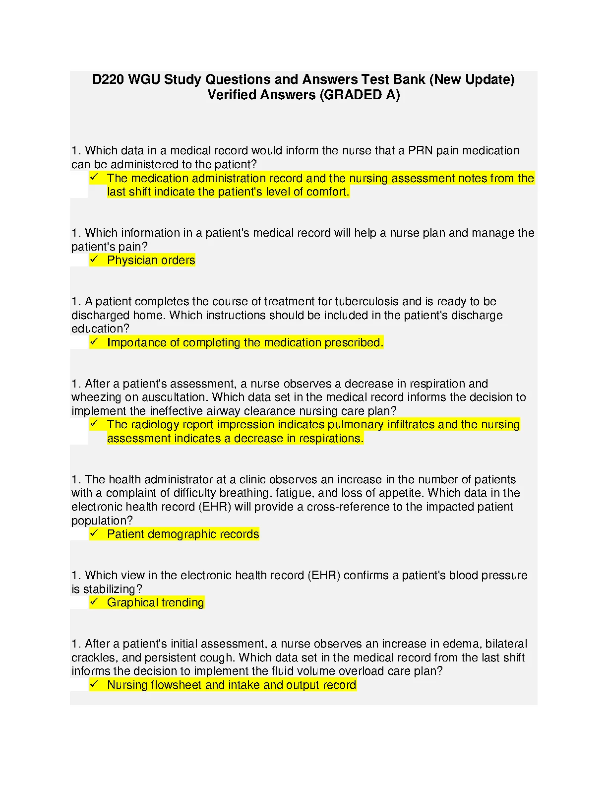 D220 WGU Nursing Test Bank Questions and Answers