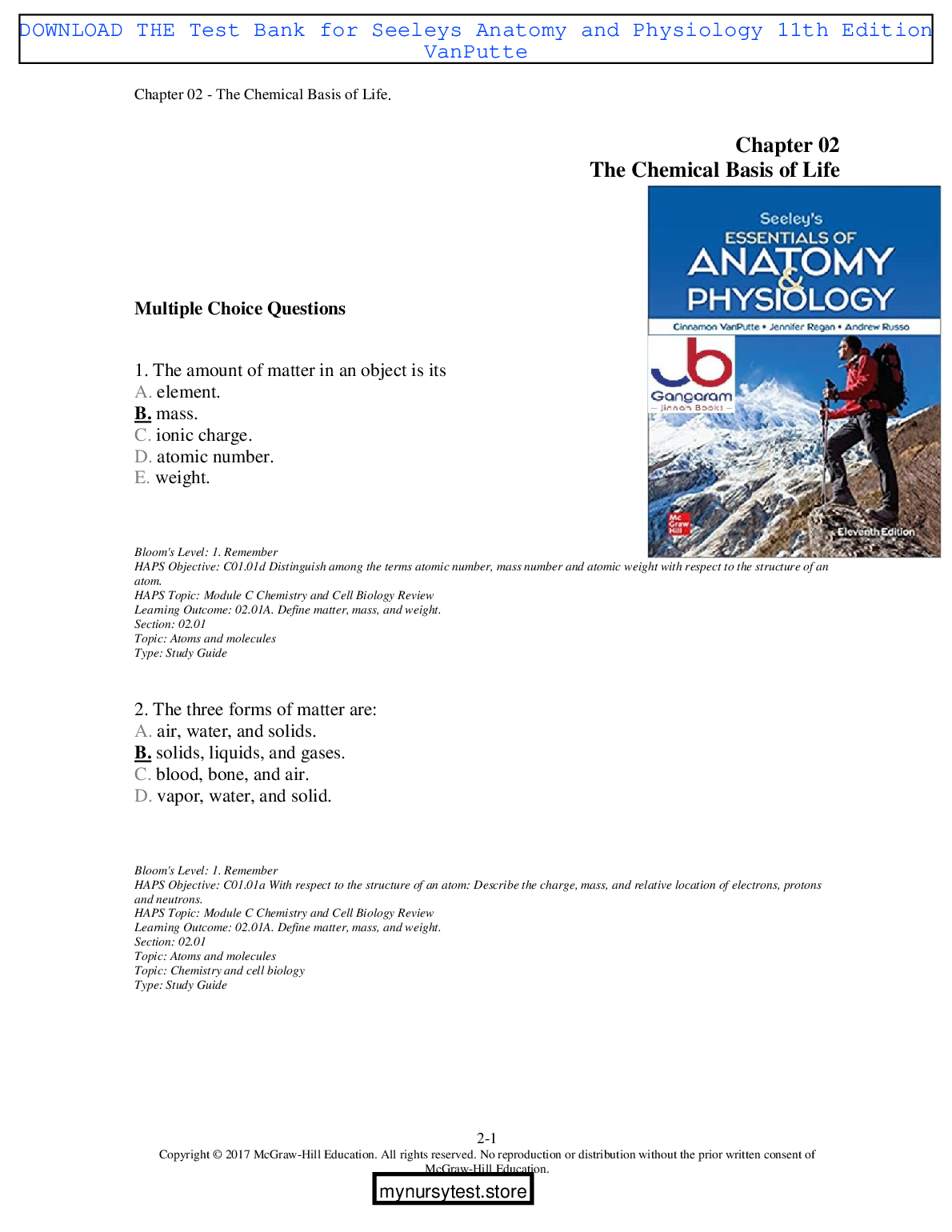 Seeley's A&P 11e Test Bank for 2026-27